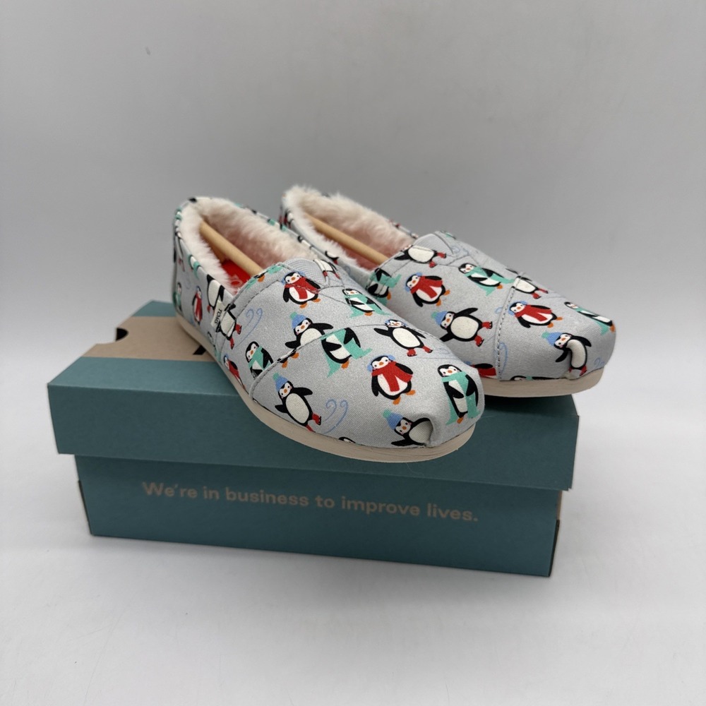 TOMS Shoes Alparagata Glacier Grey Winter Penguins Faux Fur Slip-On Women US 5.5